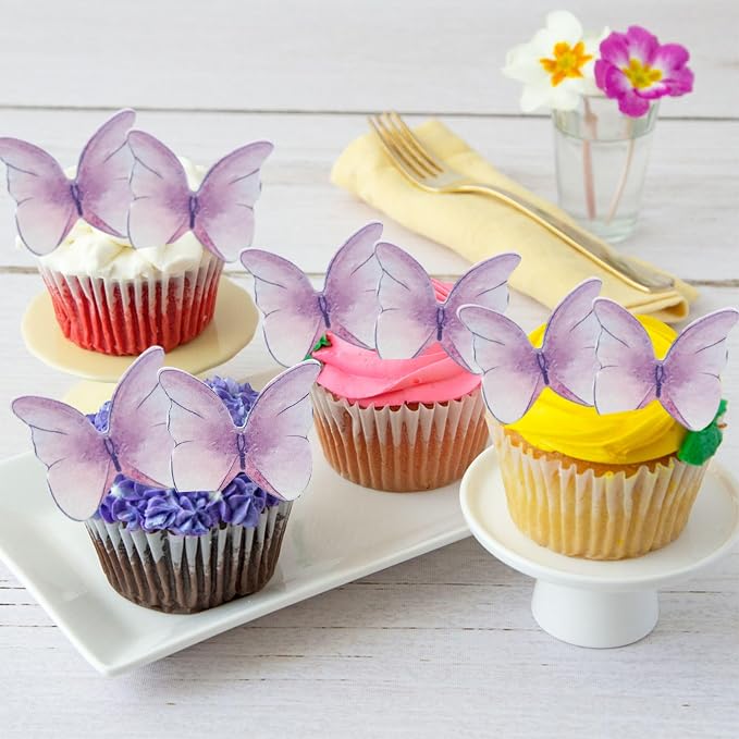 Ephlyn 48Pcs Edible Butterfly Cupcake Toppers Cute 3D Butterfly Cake Picks for Baby Shower Bridal Shower Boys Girls Birthday Party Cake Decorations Supplies Purple