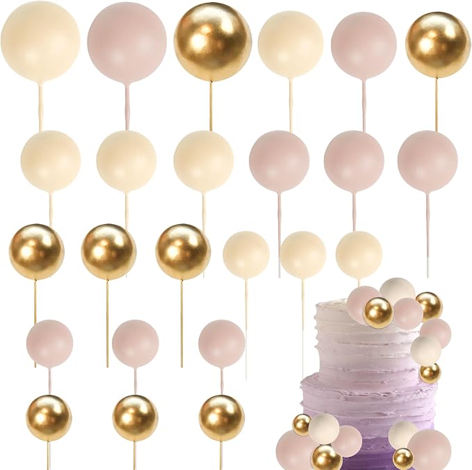 24 PCS Colorful Balls Cupake Toppers Mini Balloon Cake Toppers DIY Foam Ball Cake Insert Decoration for Wedding Anniversary Baby Shower Birthday Party Decorations Supplies Light Brown Khaki Gold