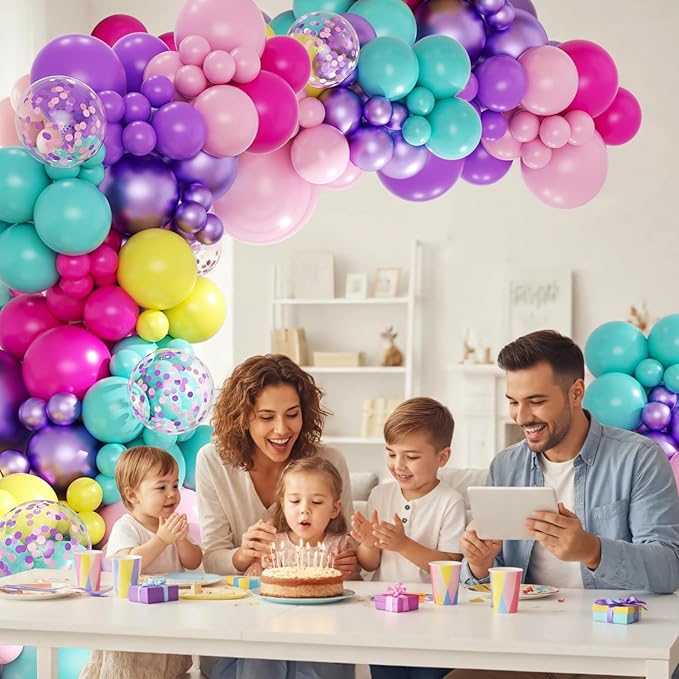 Purple Blue Pink Balloon Garland Arch Kit, 143Pcs Yellow Confetti Balloons for Princess Birthday Baby Shower Valentines Decorations
