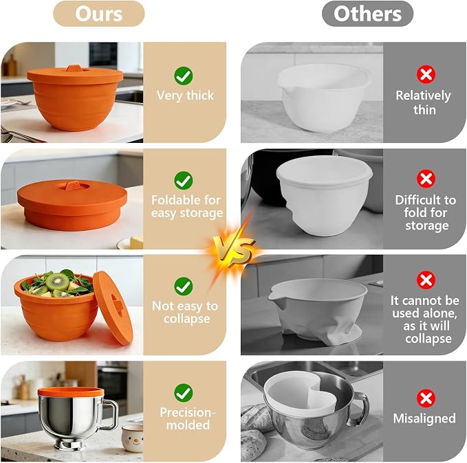 3 PCS Silicone Bowl Liners Compatible with KitchenAid 5Qt Tilt-Head Stand Mixer, Food Grade Collapsible Bowl Inserts with Airtight Lids, Foldable & Reusable Mixer Accessories for Baking
