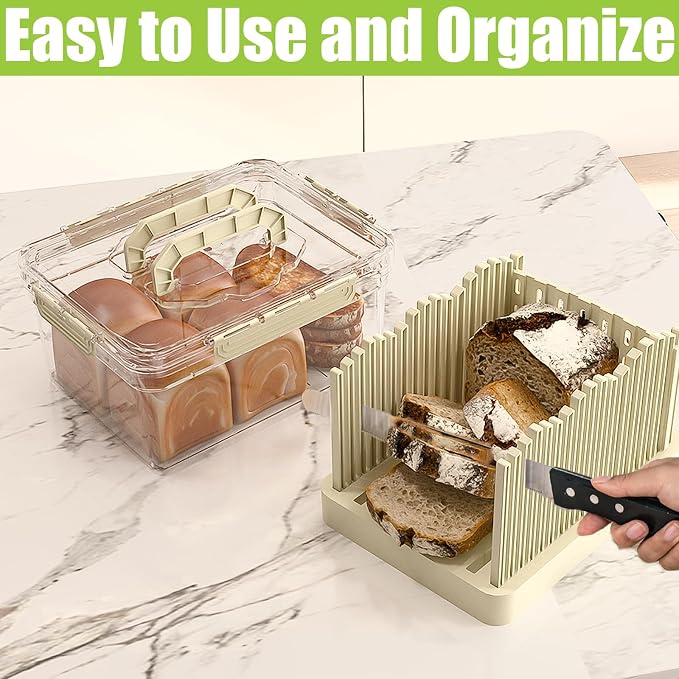 Sorgion 2-in-1 bread slicer and storage box with handle - plastic bread boxes for fresh keeping food storage containers with lids airtight for cake buns,Beige