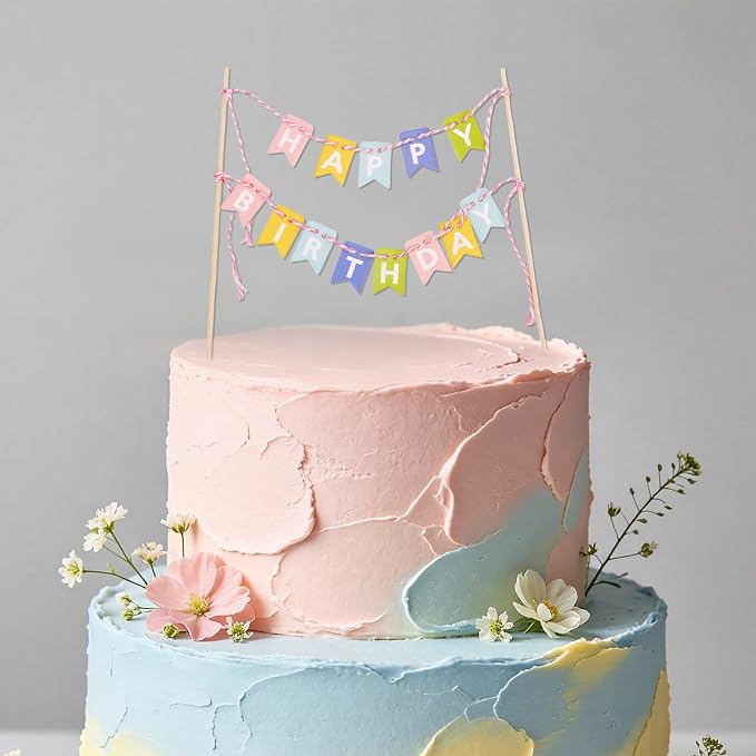 Gosknor Happy Birthday Flag Banner Cake Topper, Handmade Pennant Birthday Cake Flag Decoration for Party Decorations Supplies (Macaron Colors)