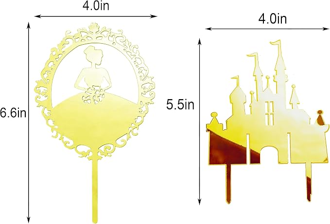 2Pcs Queen's Birthday cake topper Queen's Castle Acrylic Mirror Girl Cake Decoration Girl Birthday Wedding Anniversary Party Decoration Gift Gold Insert (golden) (Acrylic)