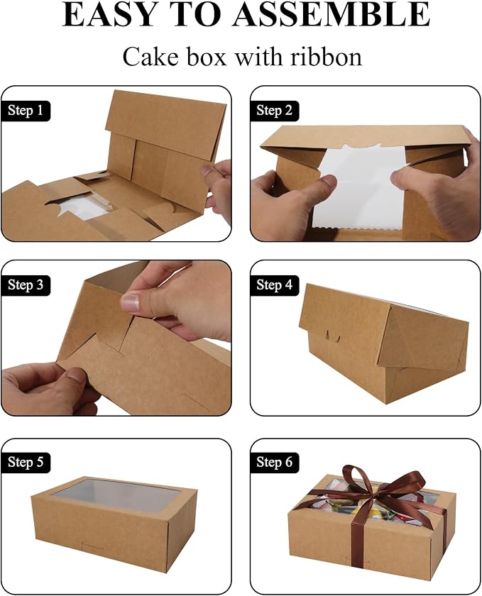COTOPHER 50Pcs Cookie Boxes with Ribbons, 9x6x3 Inch Bakery Boxes with Window, Brown Treat Containers for Pastries, Chocolate Covered Strawberries, Dessert, Easter Candy, Muffins, Donuts