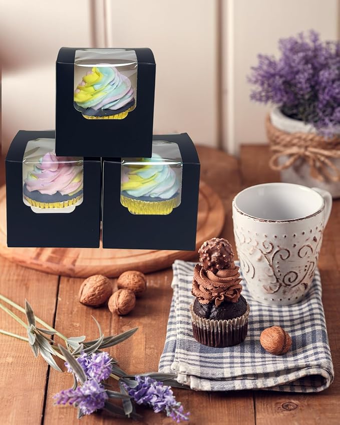 Bakepacker Auto-pop up Cupcake Boxes 100-Packs Individual Cupcake Container Black 3.5" x 3.5" x 3.5" Single Cupcake Boxes