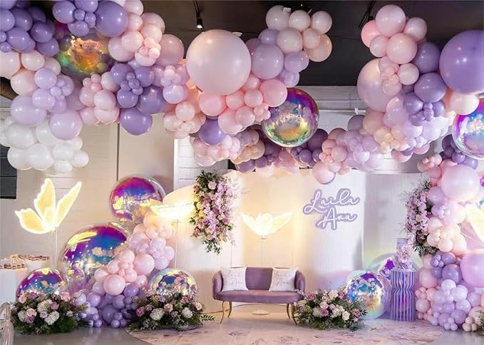 Grey Violet Maca Purple Gold Balloons Garland Arch Kit, 146Pcs Latex Balloons Different Sizes 18 12 10 5 Inch for Party Decoration Birthday Wedding Engagements Anniversary Baby Shower
