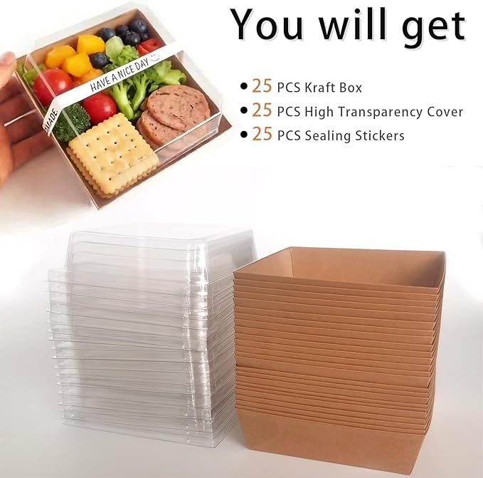 25-Pack Charcuterie Boxes with Clear Lids – Disposable Paper Mini Food Containers (5-Inch), Suitable for Desserts, Sandwiches, Cookies, Sushi, Cake Slices, and Fresh Fruit
