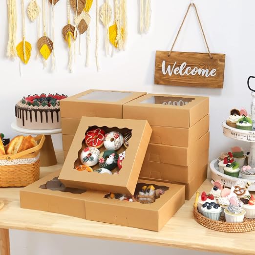 Moretoes 38pcs Pie Boxes, 10x10x2.5 Inches Auto-Popup Bakery Boxes with Window for Cookies, Treats, Cake, Pies, Chocolate Covered Strawberries, Macarons, Donuts, Muffins