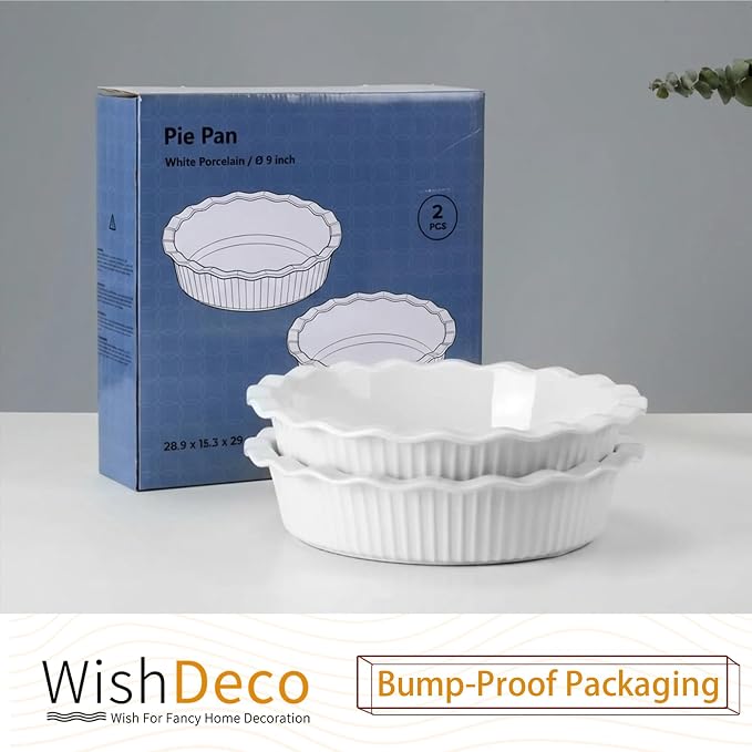 WishDeco Pie Pan for Baking Set of 2, Ceramic Baking Pan 9 inch, Deep Round Pie Dish 50 oz, Pie Plate with Fluted Rim, Porcelain Baking Dish for Apple Pie, Quiche, Tart, Cake Oven & Microwave Safe