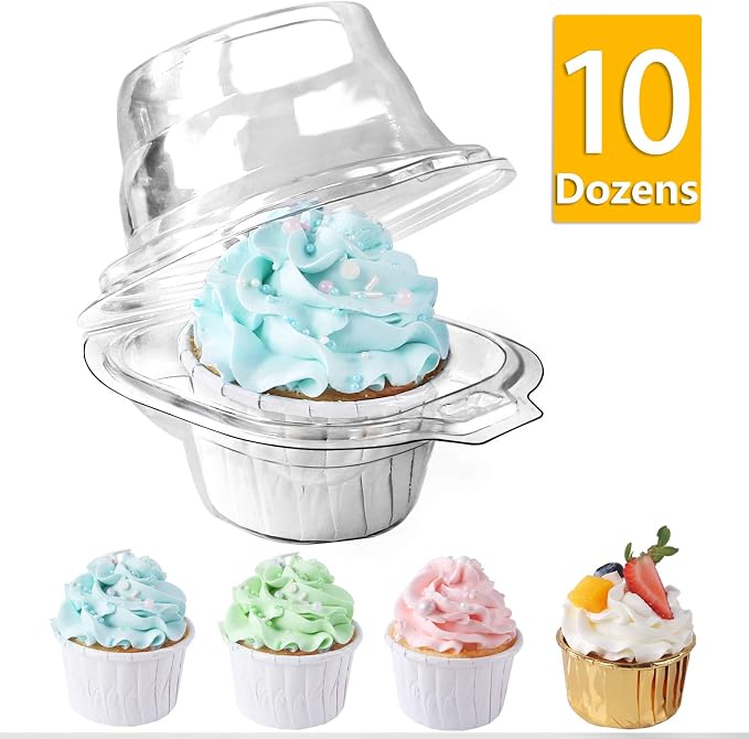 120 Packs Individual Cupcake Containers Stackable Single Compartment Cupcake Disposable Carrier Holder Box Deep Dome Clear Plastic BPAFree (120 counts)