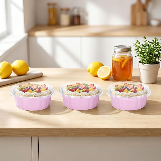 Beasea 8oz Disposable Ramekins with Lids, 120 Pack 235ml Aluminum Foil Baking Cups, Round Muffin Mini Creme Brulee Cups Tins Individual Cupcake Containers for Party Wedding - Pastel Pink