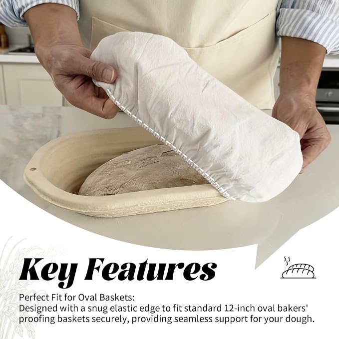 6 Pack Elastic Bread Proofing Basket Covers - Premium Linen & Cotton Liners for 12 inch Oval Sourdough Banneton, Non-Stick, Breathable Fermentation Cloth for Sourdough & Artisan Baking