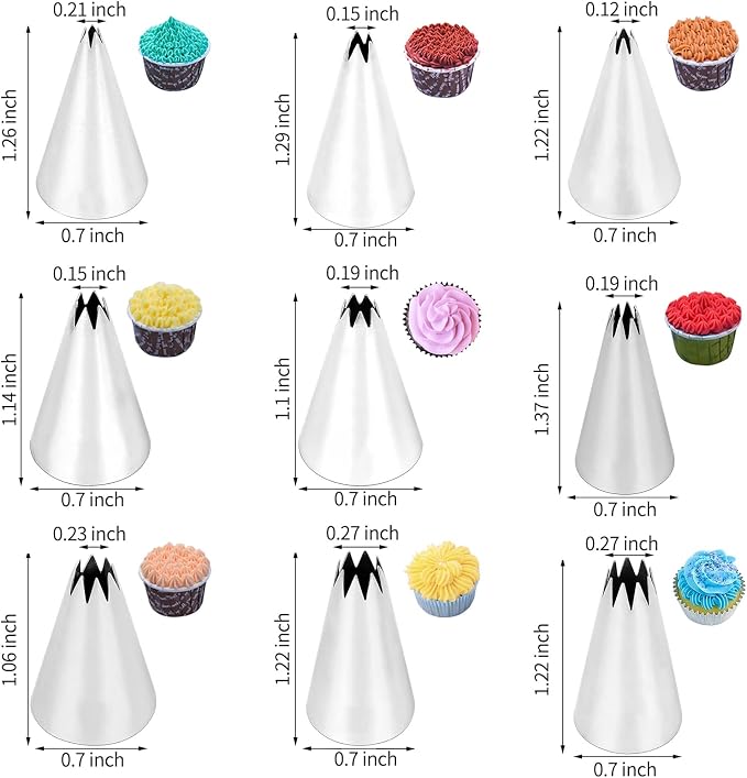 Small Piping Tip Set of 9, 304 Stainless Steel Open Star Seamless Icing Tips, Durable Frosting Nozzles for Cupcakes, Cookies, Cake Decorating, and Baking Tools (Small)