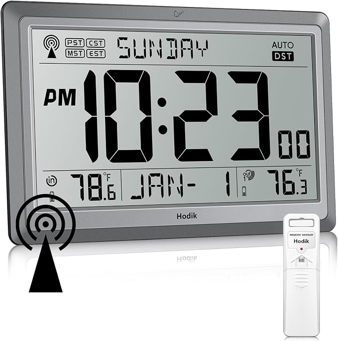 HODIK Wall Clock Atomic with Indoor Outdoor Temperature Battery Powered, Easy Reading with 10.5 Inch LCD Display, 330FT Range Table Wall Clock with DST, 12/24 Hour for Living Room Kitchen (Silver)