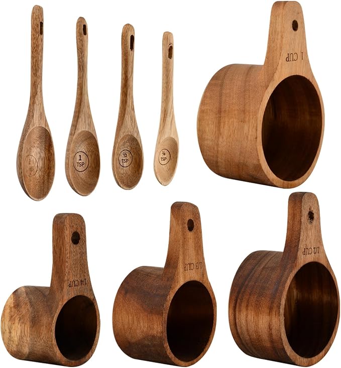 8-Piece Acacia Wood Nesting Measuring Cups and Spoons Set, Laser Engraved Precision Markings, for Baking & Cooking, Gift for Bakers Chefs Home Cooks, Rustic Farmhouse Kitchen Decor