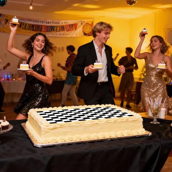 Black and White Checkered Edible Cake Topper, 28x19.4cm/11.02x7.63in Square Racing Party Decoration for Birthday Cakes & Desserts