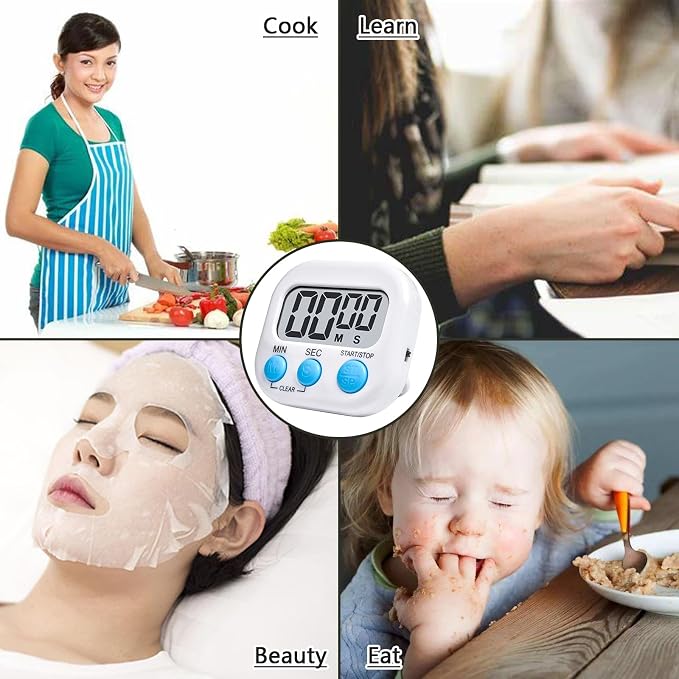 Small Digital Timer for Kitchen Cooking Baking Sports Office Meeting Multi-Function Count Up Countdown Magnetic Backing and ON/Off Switch Desk Electronic Timer (White)