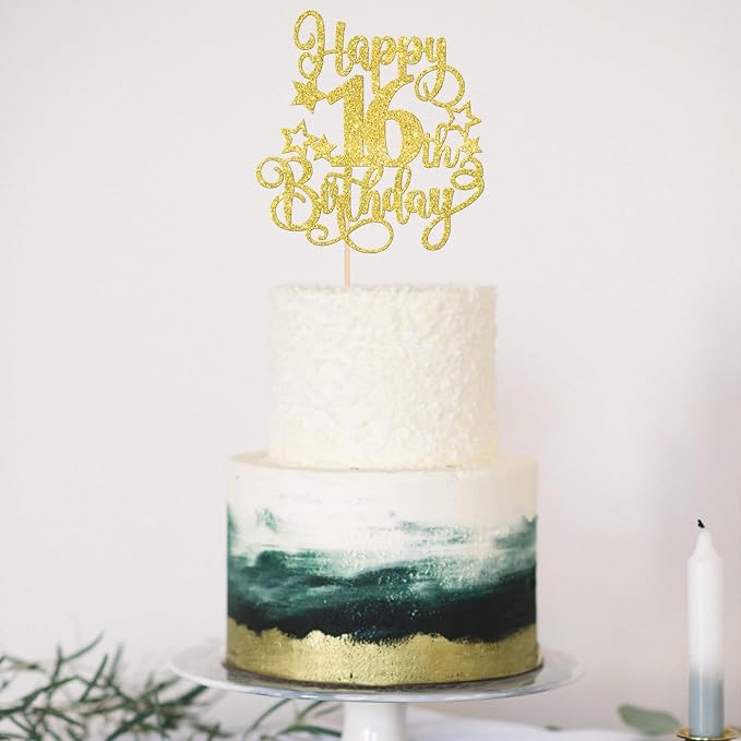 1 PCS Happy 16th Birthday Cake Topper Glitter Cheers to 16 Years Birthday Cake Pick Hello 16 Fabulous Cake Decoration for Happy 16th Birthday Anniversary Party Decorations Supplies Gold