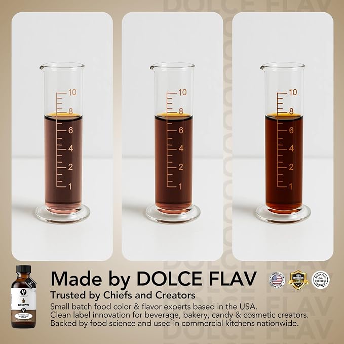 Dolce Flav Natural Brown Food Coloring – 2 oz Liquid Color from Class IV Caramel with Graduated Dropper | Water-Soluble | For Baking, Beverages & Sauces | Kosher | Made in USA