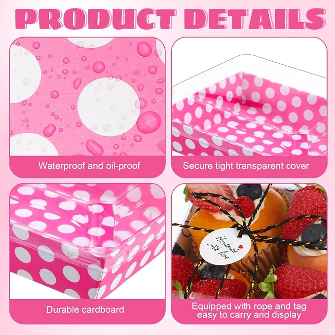 Outus 100 Pack Charcuterie Boxes with Clear Lids, 5.7 x 5.1 '', Party Favor Treat Box Paper Food Containers Cake Take out Bakery Box with Gift Tags Rope for Desserts