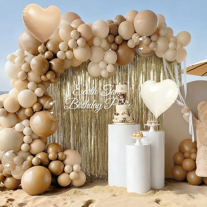 Boho Neutral Brown Balloon Garland Arch Kit with Champagne Fringe Curtain for Baby Shower Wedding Earth Tone Birthday Bridal Brunch Minimalist Anniversary Party Decorations