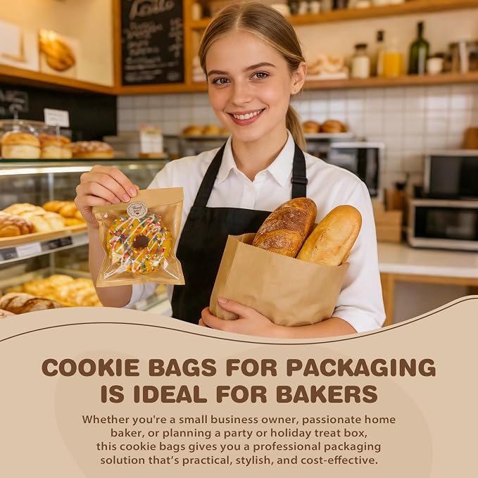 T-Raputa 100 Pack Cookie Bags,5.7x6.5 Inch Individual Heat Sealable Kraft Bakery Bags, Grease Resistant To Go Bakery Bags with Window for Brownie, Donut, Snack, Scone