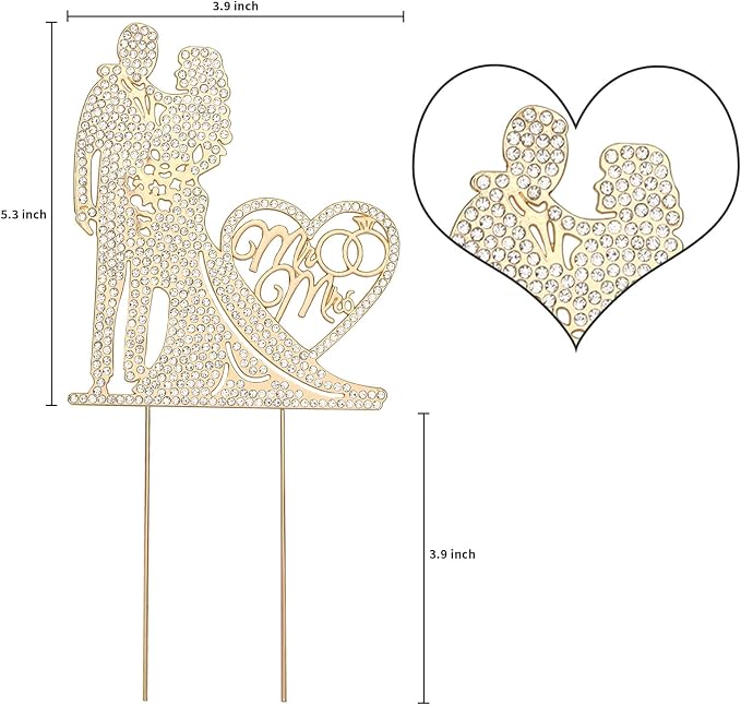 Jaciya Wedding Cake Topper Gold Bride and Groom Cake Topper Rhinestone Heart Shape Metal Mr and Mrs Cake Toppers Reusable Bridal Shower Engagement Anniversary Cake Decorations
