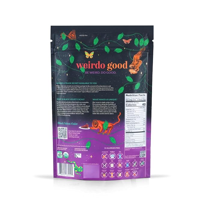 Weirdo Good Black Velvet Cacao – Organic, Allergen-Free, Premium Black Cocoa Powder, Ultra-Dutched for Extra-Dark Baking, 7 oz