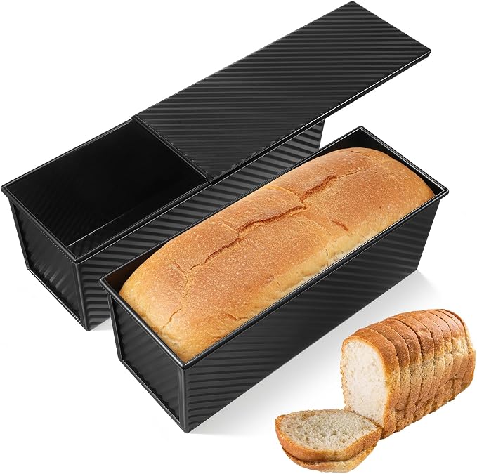 2 Pack Pullman Loaf Pan with Lid, 2.2Lb Non-stick Coating Bread Pan 12.4*4.52*4.3inch Easy to Demold Sandwich Loaf Pans Bread Baking Pans with Lid for Breads Shop Homemade Breads with Family
