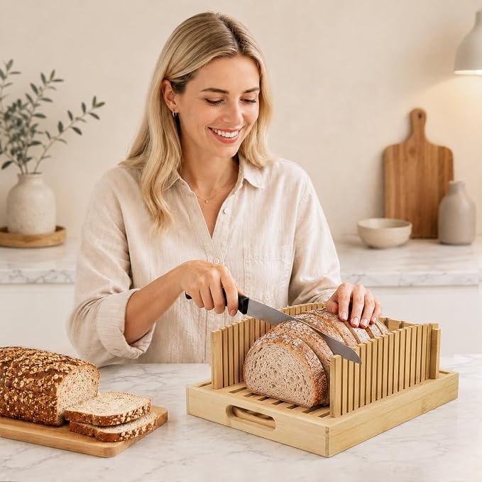 Bamboo Bread Slicing Guides with Adjustable Width, Bread Slicer Guide with Crumb Catcher & Serve Tray for Homemade Bread Cut