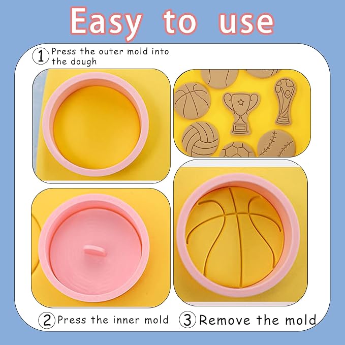 8 Pcs Sports Ball Cookie Cookie Stamps with Plunger Cutters Set 3D Cartoon Cute Soccer Basketball Biscuit Cutter Cookie Stamps for Party Baking Decorating Fondant Muffins Cheese Candy