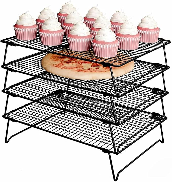 4 Tier Cooling Rack for Baking 16" x 10" Stackable Cookie Cooling Wire Rack for Cookies Pizza Cake Roasting Cooking, Oven and Dishwasher Safe Baking Supplies, Black