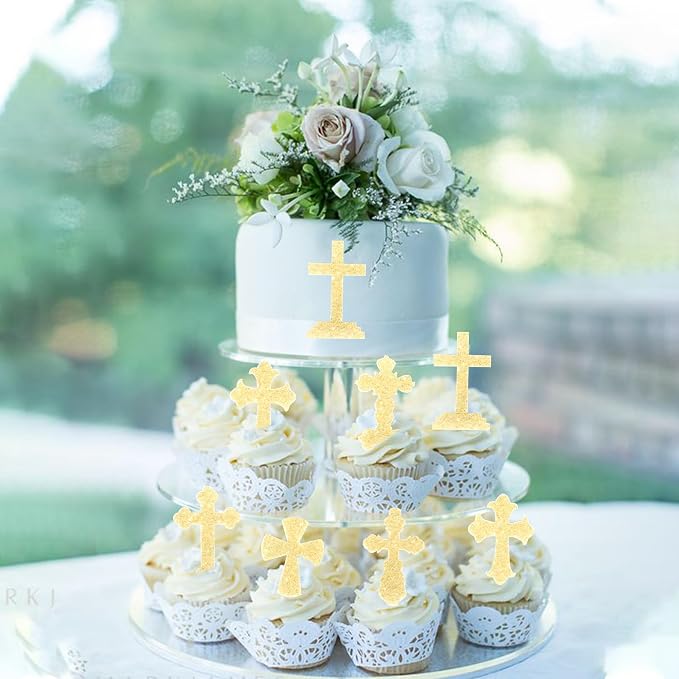60 PCS Edible Cross Cupcake Toppers Wafer Paper God Bless and Baptism Cupcake Picks Edible Christian Baptism Cross Cake Decorations for Religious Theme Baby Shower Birthday Party Supplies Gold