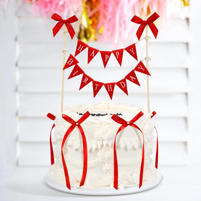 Honeydak 11 Pcs Red Bow Ribbon Cake Topper Happy Birthday Cake Bunting Topper with Wood Pole Handmade Pennant Flags with Bows Ribbon for Birthday, Bridal Party Decoration