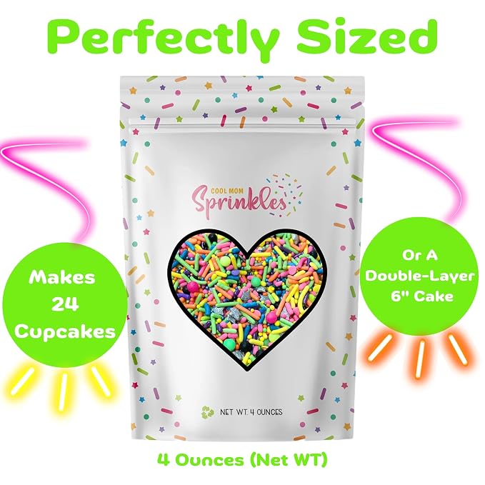 COOL MOM SPRINKLES Retro Neon 90's Sprinkles (4 oz.) – Themed Birthday Sprinkles for Decorating Cakes, Cupcakes, Cookies & Desserts – Glow Under UV Light - Mixed in the USA/Gluten-Free