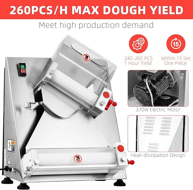 Commercial Pizza Dough Roller Sheeter, Max 12", Towallmark Automatic 370W Electric Pizza Dough Roller, Stainless Steel, Suitable for Noodle, Pizza Bread and Pasta Maker Equipment
