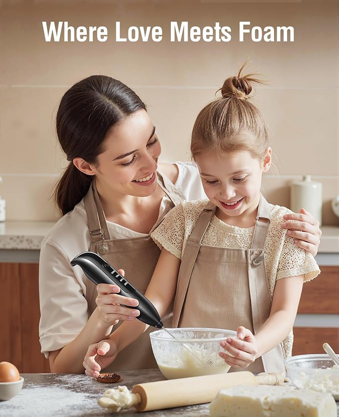Electric Milk Frother Handheld: coffee frother rechargeable π π’π§ π - LED Display, Adjustable Wireless Charging - 3 Speeds, Stainless Steel Whisk for Latte, Cappuccino - Bright Black