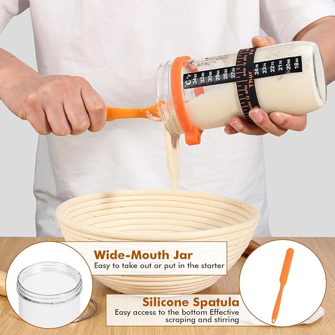 Sourdough Bread Baking Supplies, Sourdough Starter Kit, 2 9 Inch Round Banneton Bread Proofing Basket with 24 Oz Glass Jar, Sour Dough Tools with Danish Dough Whisk & Scraper