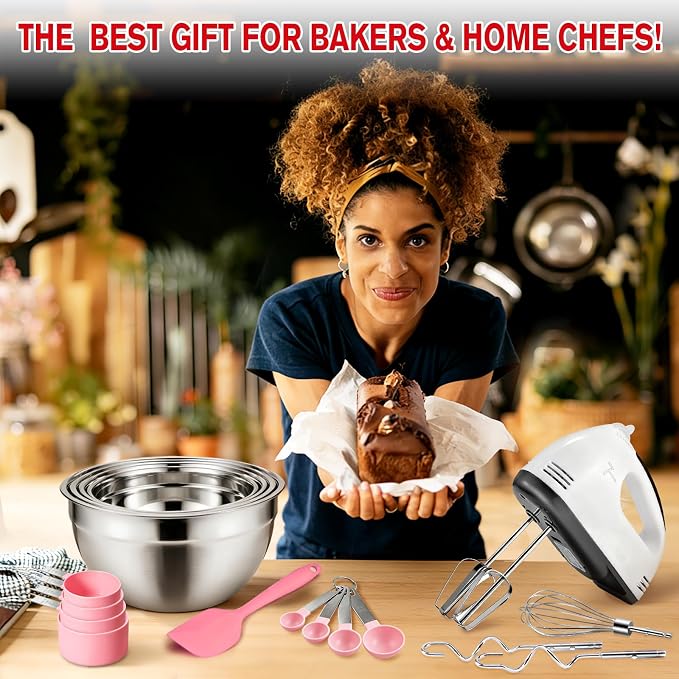 Showvigor Electric Hand Mixer with Stainless Steel Mixing Bowl Set –7 Speeds Turbo-Boost Hand Mixer with Large Mixing Bowls, Measuring Cups, Spoons & Spatula for Kitchen Cakes Eggs Baking(Pink)