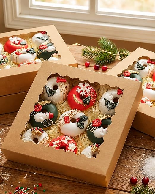 qiqee 10"x 10"x 2.5" Brown Pie Boxes with Window 120Packs Cookie Donut Bakery Box (Auto-pop Up)