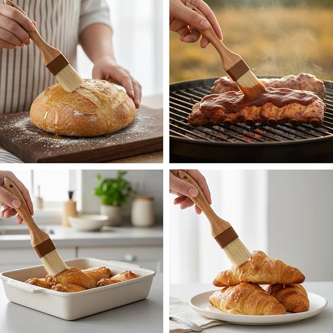 Molain 2 Pack Natural Boar Bristle Pastry Basting Brush, 1.5 Inch Non-Shedding Heat Resistant Cooking Brush for Butter Egg Wash Oil Sauce Baking with Wooden Handle
