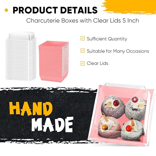 100 Pack Charcuterie Boxes with Clear Lids Valentine Gift 5 Inch Cookie Boxes Disposable Cake Case Paper Square Cookie Containers Dessert for Sandwich Slice Cake Hot Cocoa Bombs Strawberries(Pink)