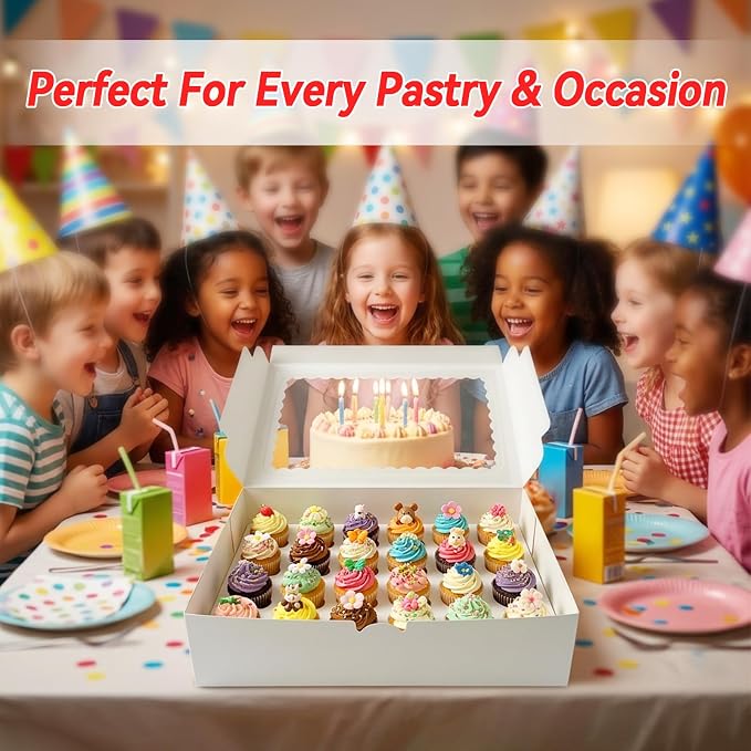6 Pack White Mini Cupcake Boxes Containers Hold 24 MINI Cupcakes, 13 x 8.8 x 3.5 Inch Dessert Muffins Box with Window and Inserts for Birthday Holiday Party Bakery Supplies