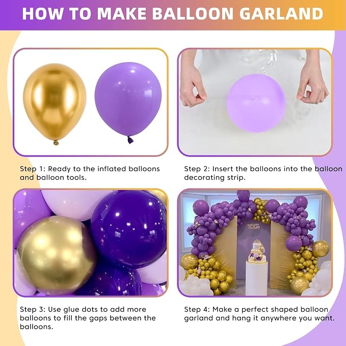 Purple Gold Balloon Garland Arch Kit, Metallic Gold and Latex Purple Balloons Different Sizes 18/12/10/5 inch for Wedding Anniversary Birthday Graduation Bridal Shower Bachelorette Party Decorations