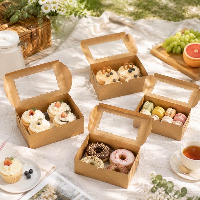 60pcs Cookie Boxes with Window for Gift Giving, 9x6x3 Inches Brown Bakery Boxes with Stickers, Holiday Packaging Gift Boxes for Cookie, Desserts, Chocolate Strawberries, Muffins, Donut, Cupcake