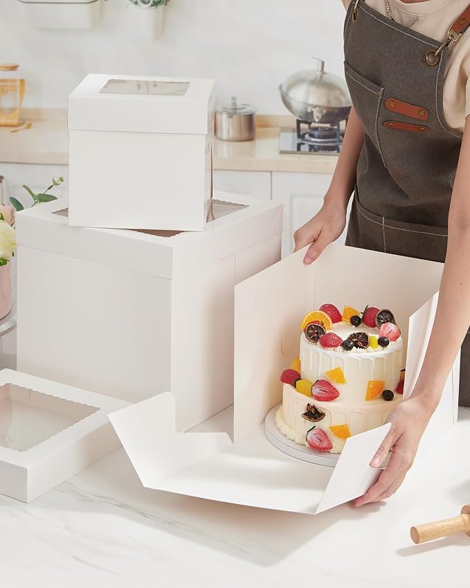 Kootek Cake Box with Board Drum, 8x8x8 Inches Tall Bakery Box with Window, Disposable Cake Container with Lid for Cake, Treat Cookie Dessert, Pastry, Birthday Party, Weddings