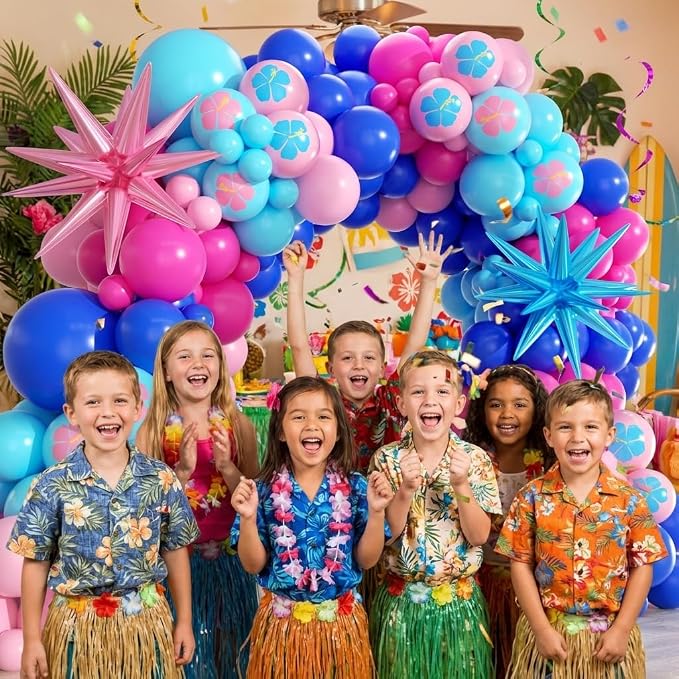 Royal Blue and Pink Balloons Garland Arch Kit - 5 10 12 18 inch Different Size Blue Pink Hibiscus Latex Balloons for Summer Tropical Hawaii Cartoon Birthday Baby Shower Party Decorations