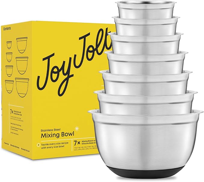 JoyJolt Stainless Steel Mixing Bowls with Airtight Lids, 7 Piece Nesting Bowls Set for Kitchen with Measurement Marks, Non-Slip Bottoms, Cooking, Baking, Prepping, Storage, 7/5/4/3/1.5/1/.75QT, Black