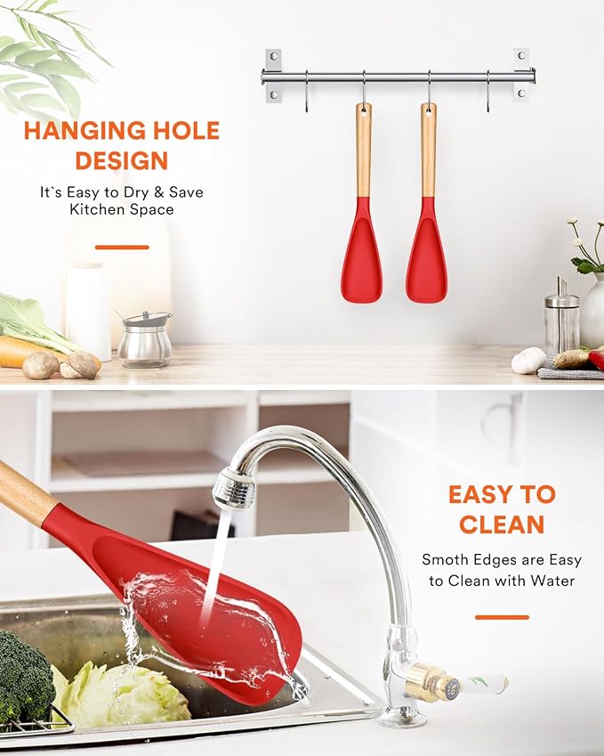 Cooking Spoon for Nonstick Cookwares, Great for Cooking and Serving Sturdy BPA-Free Matte Silicone, Wood Handle Spoon for Mixing, Scoop, and Scrape (2 Pack of Red, 13.4 inch)