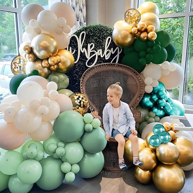 MEBAY Green Gold White Balloon Arch Kit, 147PCS Dark Green Ivory Gold Metallic Pastel Green Balloons Garland for Birthday Wedding Baby Bridal Shower Party Decorations